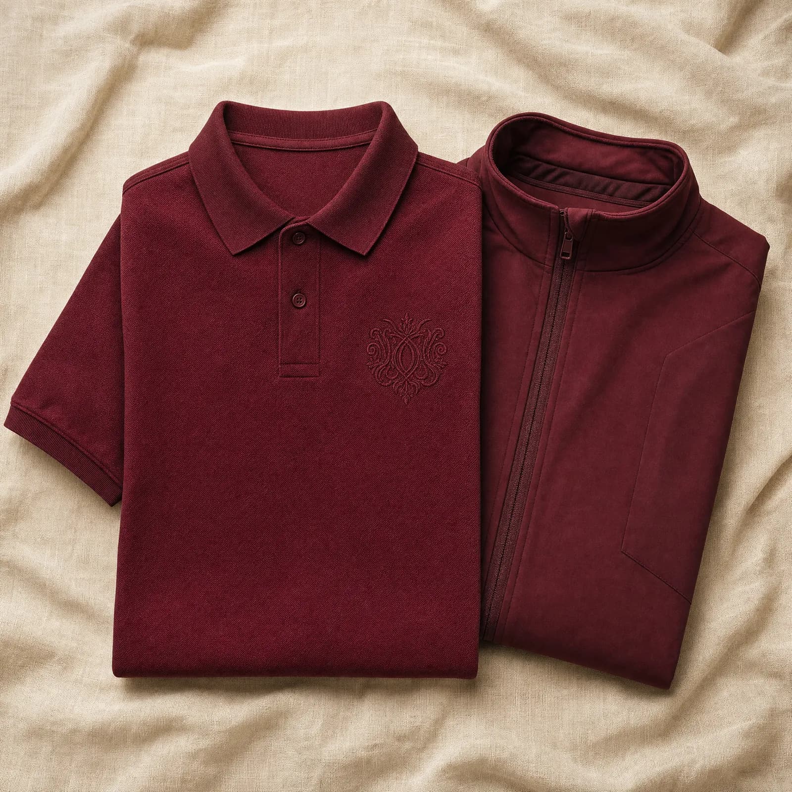 Bestickte Polos und Softshell-Jacke in Bordeaux, flach auf Leinen gelegt
