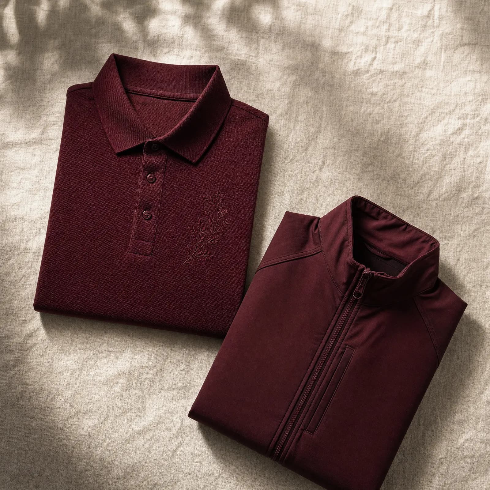 Bordeauxrotes Polo mit Ton-in-Ton-Stickerei neben einer gefalteten Arbeitsjacke